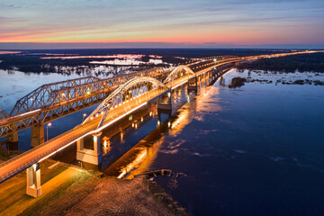 Aerial late evening view on the bridge over the Volga river