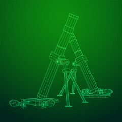 Firearm weapon army mortar and mine. Wireframe low poly mesh vector illustration