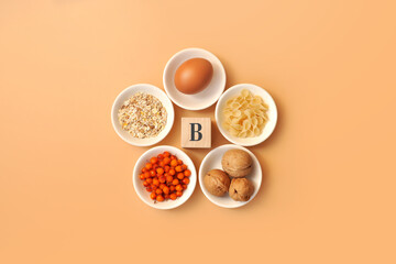 Foods that contain vitamin B: eggs, nuts, pasta, sea buckthorn, cereals - Powered by Adobe