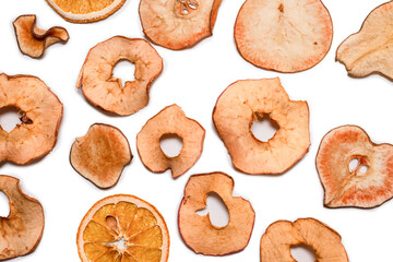 Dried fruit isolated on white background. Dried grapefruit, dried apple, dried pear.
