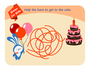 Educational game for children. The hare has lost the balloon, help to find the way to the balloon. Help the hare find the way to the cake