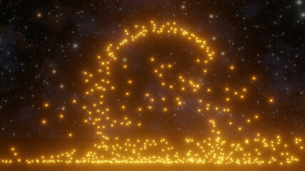 Orange fire spark around a portal gate on a sea with starry sky background (3D Rendering)