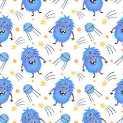Cute cartoon aliens seamless pattern. UFO pattern. Cute monsters seamless pattern.