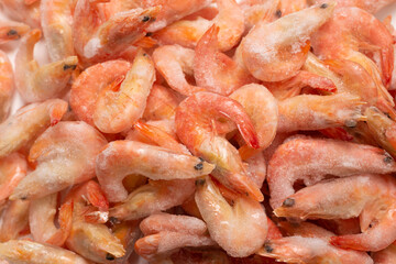 Fresh shrimps in ice. Top view.