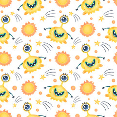 Obraz premium Cute cartoon aliens seamless pattern. UFO pattern. Cute monsters seamless pattern.