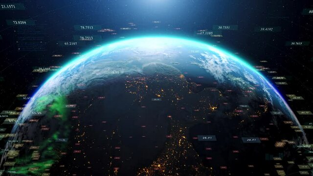 Random numbers over the earth background.  Business and Technology Concept.