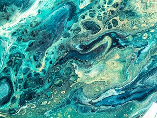 Obraz na płótnie Canvas Fluid abstract acrylic painting. Mixed gold, green, blue paint. Epoxy resin art, pour painting, marble texture 