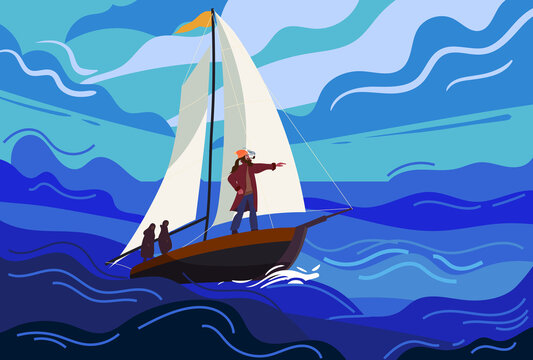 Ship sailboat during a storm with a brave captain sails towards fate. Seascape, ocean, storm, rain, huge waves, dark sky. Vector illustration flat cartoon