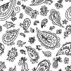 Seamless black and white paisley pattern. Hand drawn floral doodle ornament. Vector illustration.