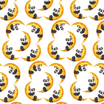 Animal character panda on yellow moon seamless pattern in cartoon style