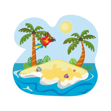 Parrot flying over an Island surrounded by ocean. Palm trees and sea shells on the sand.