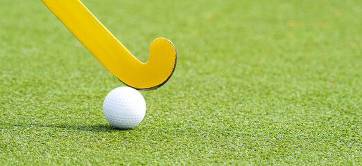 Field hockey stick and ball on green grass. Professional sport concept