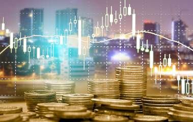 Double exposure of money coin, stock market or forex trading graph and candlestick chart suitable for financial investment concept. 