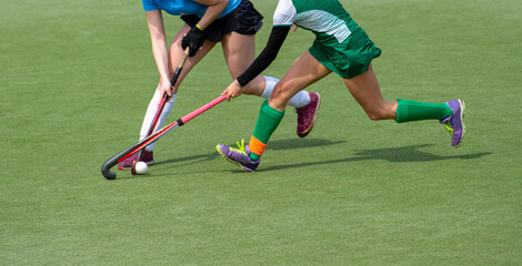 Fototapeta premium Two field hockey player, fighting for the ball on the midfield during an intense match on green grass. Professional sport concept