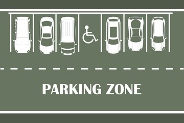 Parking lot banner. Parking design over green background. White cars silhouette top view. Many cars parked. Park car zone poster. Road with outdoor auto park and vehicles. Stock vector illustration © kajani