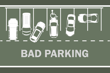 Parking lot with bad parked cars. Right and wrong parking examples infographic. White silhouettes cars top view. Rules of the road. Improperly parked automobiles. Flat design.Stock vector illustration © kajani