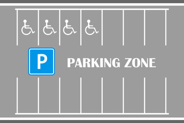 Parking car zone marks on gray background. City street parking. Parallel lots, white lines for car parking spaces and area for disabled. Place for vehicles with marking on road. Vector illustration © kajani