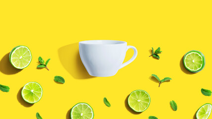 Obraz na płótnie Canvas Fresh limes with tea cup overhead view