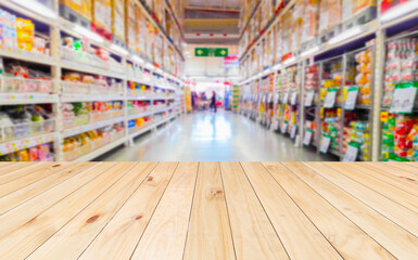 Wood floor and Supermarket blur background, Product display, template,