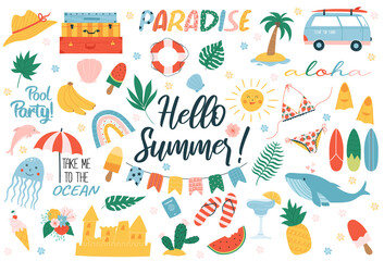 Summer elements set: ice cream, dolphin, beach, watermelon, surfboard, swimsuit, flippers, flowers, plants. Cute and colorful stickers for posters, scrapbooking, summer party invitations.