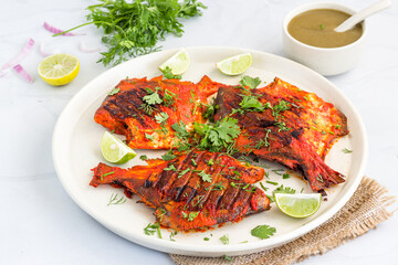 Tandoori Fish/Grilled Fish, Fish Appetizer, Roast Fish, BBQ Fish Low Angle Photo