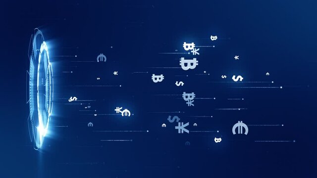 Motion graphic of Blue digital money icon connection with rotation of futuristic circle technology abstract background cryptocurrency concept vertical video