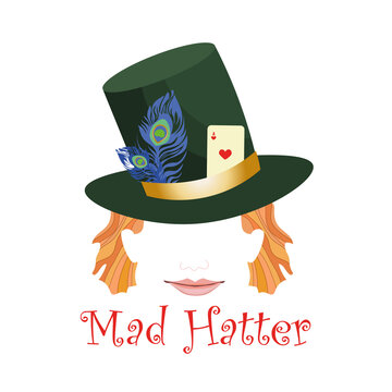 Abstract mad hatter head wearing hat decorated with playing card and feathers. Redheared smiling face.