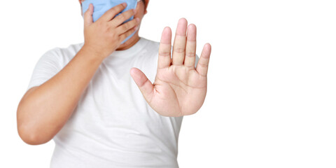 Fat Asian man wearing a mask Raise your hand, do not approach Maintain social distance. Coronavirus protection concept Reduce infection Prevent the spread of germs. Clipping Path. White background