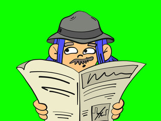 A girl in detective disguise in cartoon style. Surveillance, lurking concept. Isolated on green screen