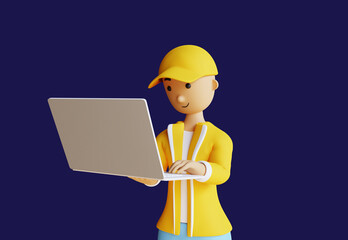 portrait of a male character in a yellow hat in a yellow coat, white shirt, and holding a laptop.  a casual young man.  minimal art style.  3D illustration with dark blue background
