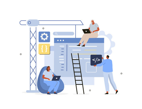 People Characters Developing new Web Software. Developers Team Programming and Coding Program Code Together. Development Process Concept. Flat Cartoon Vector Illustration.