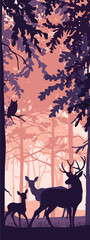 Vertical banner of forest landscape. Deer with doe and fawn in magic misty forest. Squirrel on branch. Silhouettes of trees and animals. Pink, orange, violet background, illustration. Bookmark.