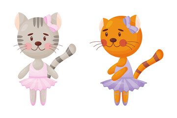 Happy cute cat, kitten character, ballet dancer in pointed shoes and tutu skirt, cartoon vector illustration isolated