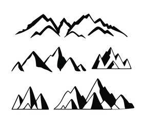 Set of mountain icons. Black and white vector illustration of mountains. 