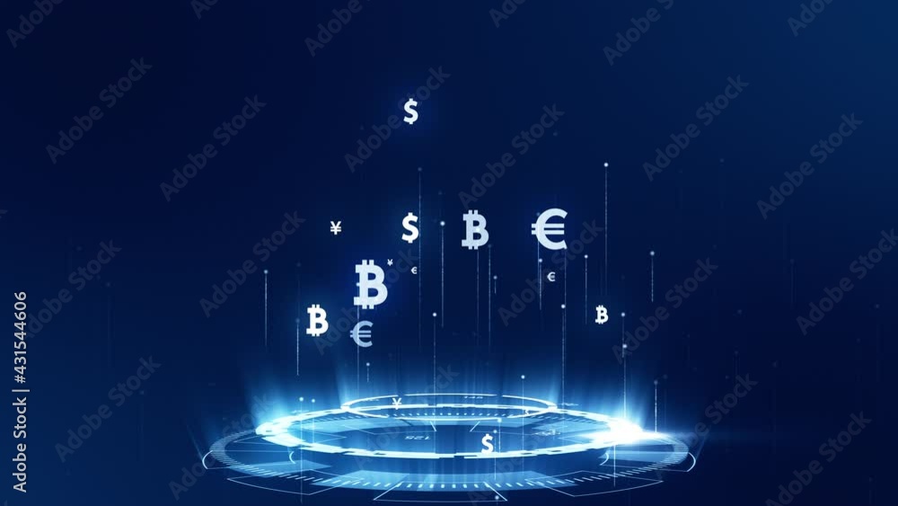 Poster motion graphic of blue digital money icon connection with rotation of futuristic circle technology a