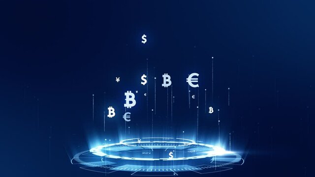 Motion graphic of Blue digital money icon connection with rotation of futuristic circle technology abstract background