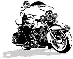 Motorcyclist on Motorcycle - Black and White Drawing Illustration Isolated on White Background, Vector - 431544887