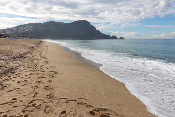 Empty view of Cleopatra Beach during the coronavirus pandemic days in Alanya, Antalya, Turkey in 2021.