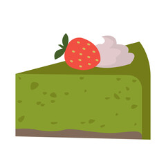Green cake decorated with strawberries made of match. Sweet toppings on a white isolated background. Vector illustration in cartoon flat style