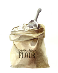 Watercolor illustration in vintage style, white background. Open bag of flour, iron scoop. Handwritten lettering decorated with twigs, flour inscription. Cookbook design, recipe illustration, bakery.