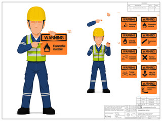 Set of industrial worker is presenting warning sign on white background