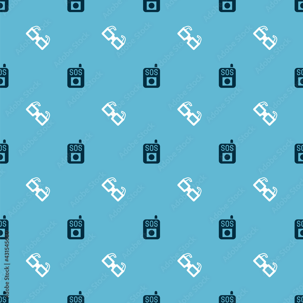 Poster set press the sos button and eyeglasses on seamless pattern. vector