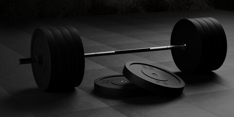 Naklejka na ściany i meble Barbell with chrome handle and black plates in front on floor on black mats background, sport, fitness, exercise or weightlift concept