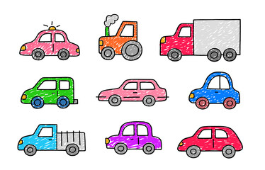 Hand drawn cute cars in color. Set of transport icons in doodle sketch style. Vector illustration.