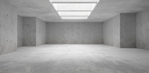 Abstract empty, modern concrete room with open ceiling and light from above, ceiling beams and rough floor - industrial interior background template
