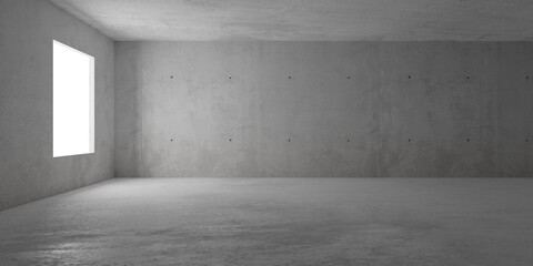 Abstract empty, modern concrete room with window on the left wall and rough floor - industrial interior background template