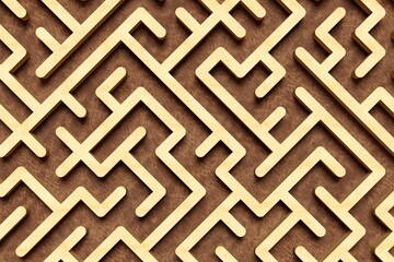 Large wooden maze or labyrinth over brown wood background, success, strategy or solution concept