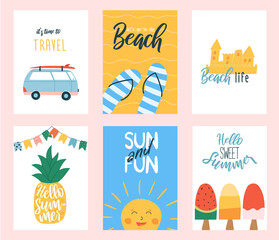 Collection of cute summer posters or greeting cards. Set of postcards with surfers car, flip flops, sand castle, pineapple, sun and ice cream.