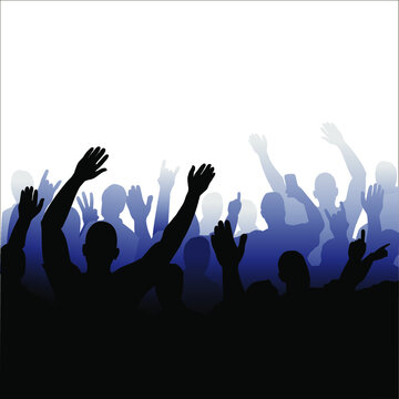 Vector illustration of a silhouette of a crowd of people. Isolated monochrome image of people with raised hands.