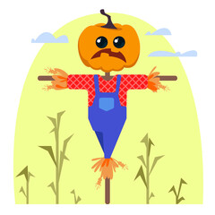 A scarecrow with a head instead of a pumpkin with a sad expression on his face stands in the middle of a field of corn on a white isolated background. Vector illustration in cartoon flat style fun